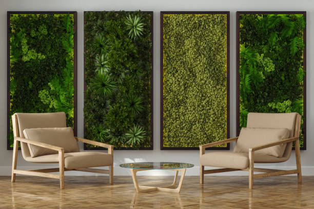 istock Modern Waiting Area With Beige Armchairs, Coffee Table And Vertical Garden 1868930347