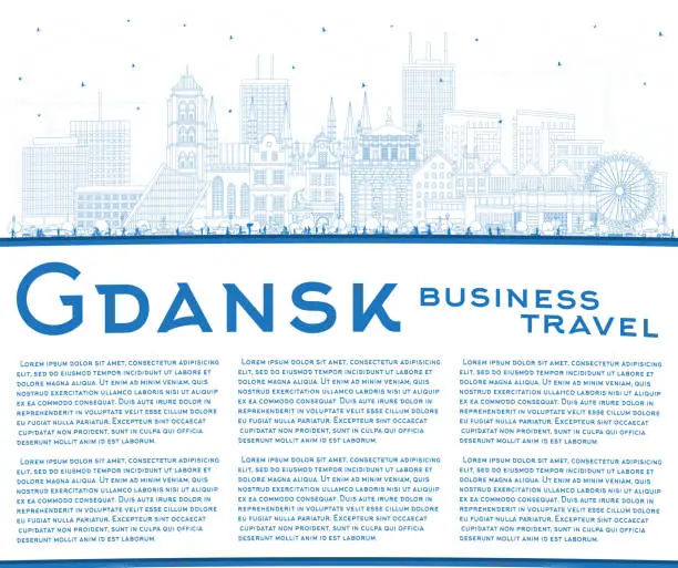 Vector illustration of Outline Gdansk Poland city skyline with blue buildings and copy space. Gdansk cityscape with landmarks. Business travel and tourism concept with modern and historic architecture.