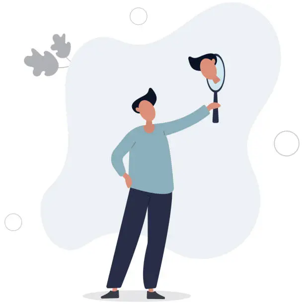 Vector illustration of Self awareness, aware of different aspect of self, behaviors and feelings, psychology state of oneself becomes focus of attention,flat vector illustration.