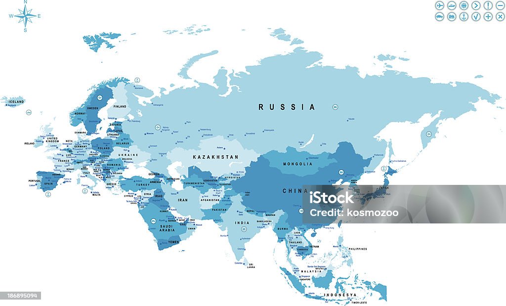 Map of Eurasia with countries and major cities marked http://dikobraz.org/map_2.jpg Map stock vector