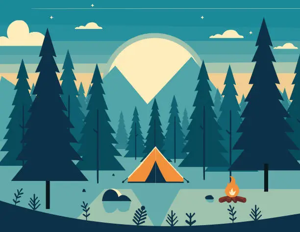 Vector illustration of Camping in the forest with mountains in the background