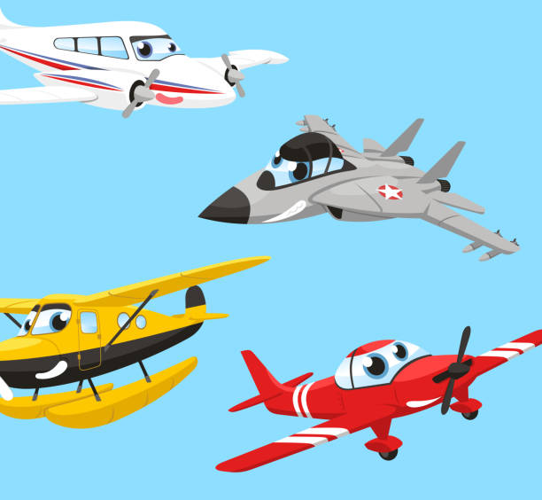 flugzeug humanized combat flugzeug dreipunkter-rennboot doppeldecker-flugzeug - aerial passenger line stock-grafiken, -clipart, -cartoons und -symbole