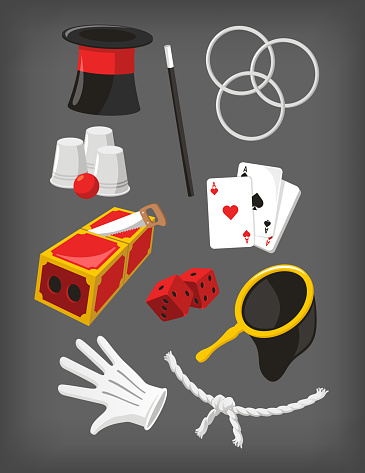 Magic Icon Set, with Magic Top Hat, Hoop, Magic Wand, Dices, White Gloves, Ace Cards, Magic Bag, Rope, Magic Box Trick, Glasses and Ball. Vector Illustration Cartoon.
