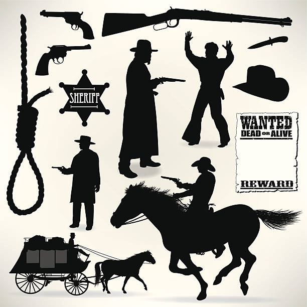 Cowboys - Sheriff and Outlaws, Wild West Cowboys - Sheriff and Outlaws, Wild West. Graphic silhouette illustrations of a cowboy outlaws and sheriff. Check out my "Americana" light box for more. hangmans noose stock illustrations