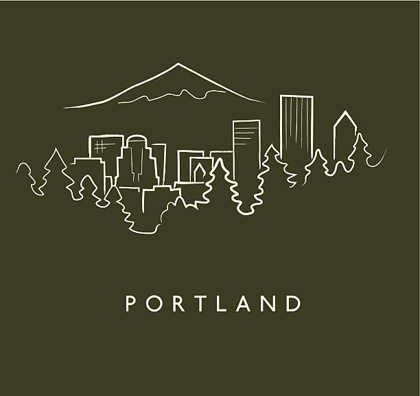 Portland Skyline Sketch Hand drawn sketch of the Portland skyline on green background with text below mt hood stock illustrations