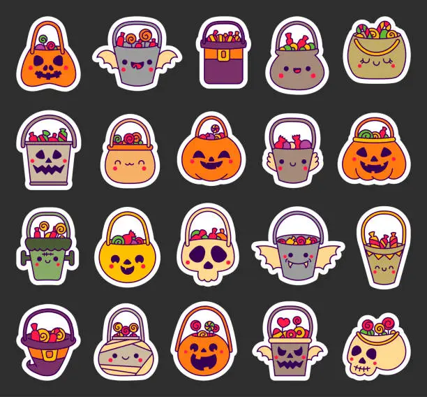 Vector illustration of Halloween kawaii candy bucket. Sticker Bookmark. Sweets for children in cute pumpkin bag, bowler hat. Hand drawn style. Vector drawing. Collection of design elements.