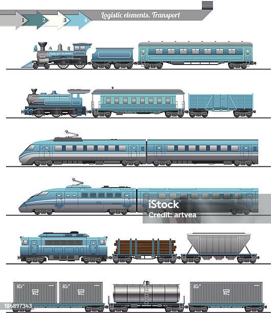 Züge Set Mit Stock Vektor Art und mehr Bilder von Eisenbahn - Eisenbahn, Seitenansicht, Zug mit Dampflokomotive