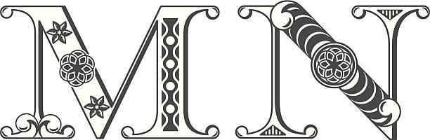 letters m, n - ornate text medieval illuminated letter engraved image stock illustrations