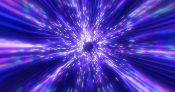 beau tunnel violet abstrait fait de rayures numériques futuristes et de lignes brillantes d’énergie magique brillante sur un fond d’espace noir. contexte abstrait - photon photos et images de collection