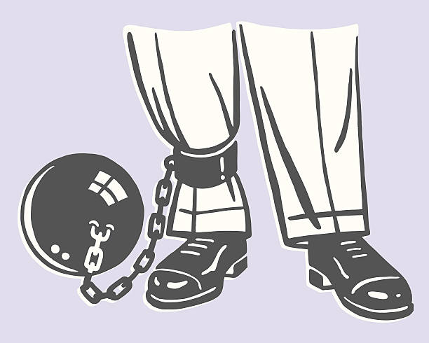 ilustraciones, imágenes clip art, dibujos animados e iconos de stock de hombre con una bola de hierro y cadena tipo gancho para el tobillo - chain and ball