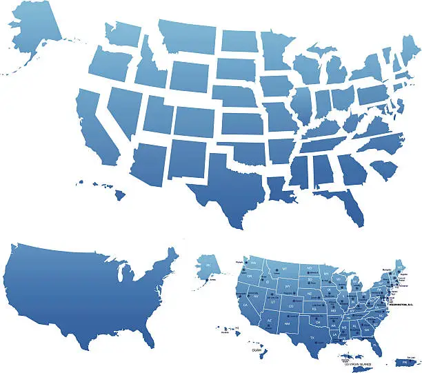 Vector illustration of USA map outline with state capitals and its territories