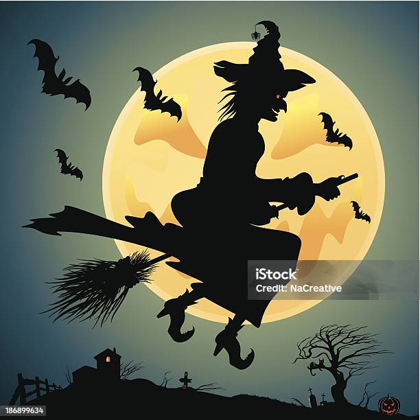 Witch On A Broom Stock Illustration - Download Image Now - Bat - Animal, Black Color, Broom