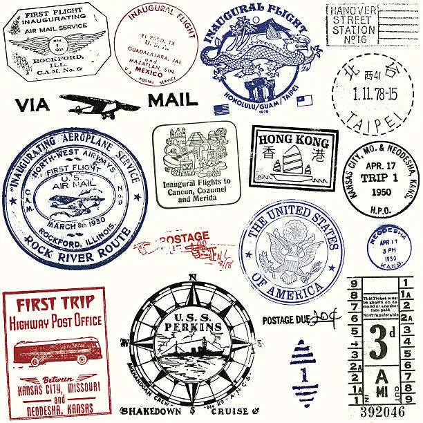 Vector illustration of Vintage Travel and Postage Stamps