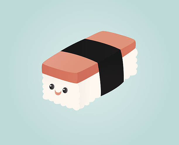 Spam Musubi A vector illustration of a happy spam musubi. Musubi is grouped together on a separate layer from the background. Gradients used. No meshes. spam meat stock illustrations