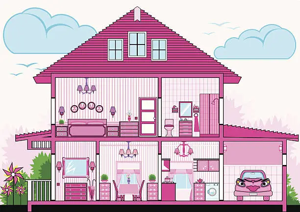 Vector illustration of Cutaway of pink house with furniture