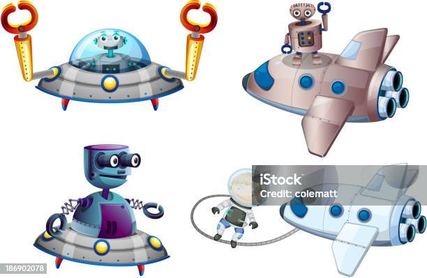 Ilustración de Naves Espaciales Con Robot Y A Young Boy Cerca Del Avión y más Vectores Libres de Derechos de Acero