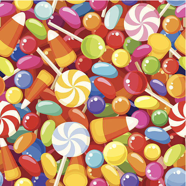 ilustrações, clipart, desenhos animados e ícones de sem costura fundo com diversos doces.  ilustração vetorial. - halloween candy candy corn backgrounds