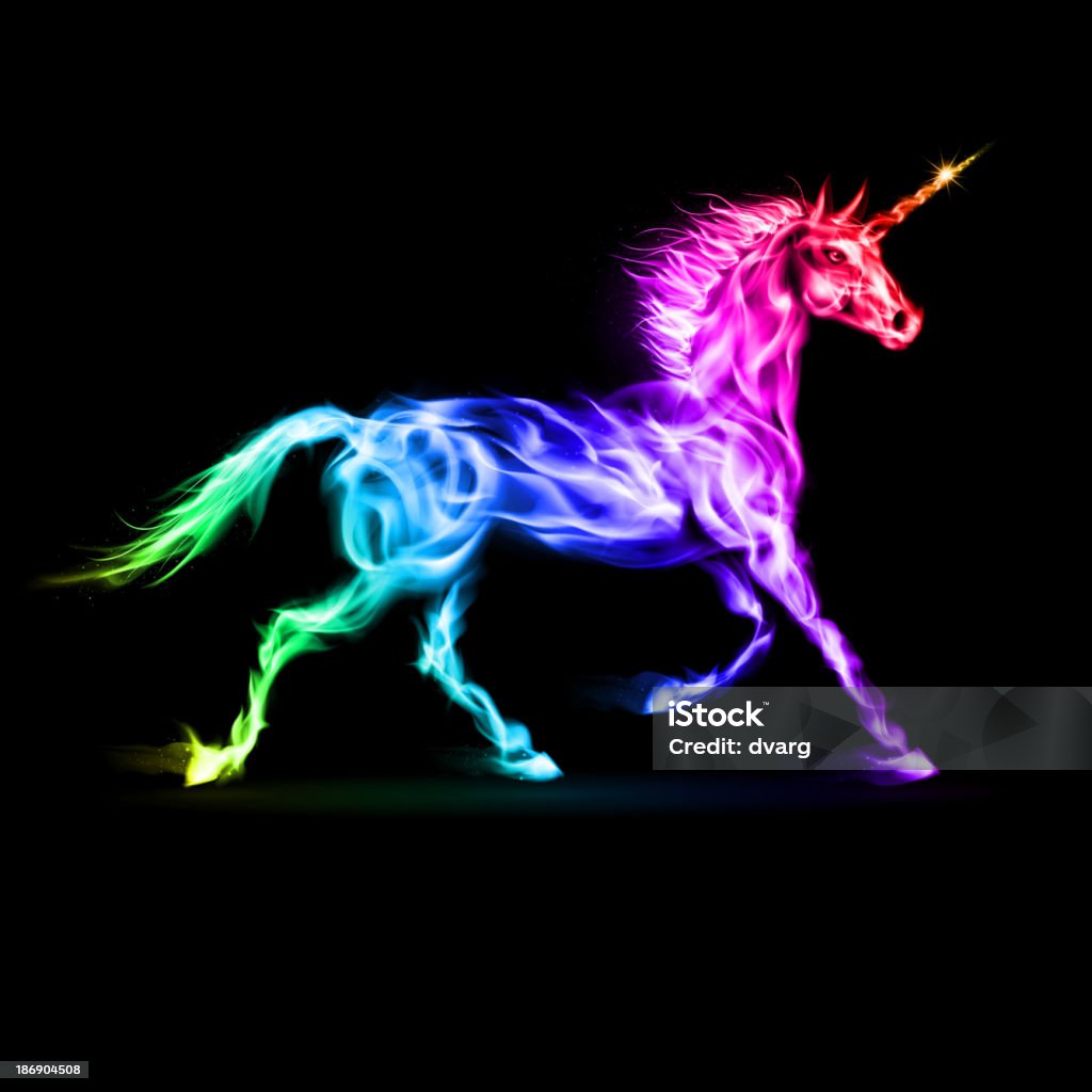 Fire unicorn. Running blue fire unicorn on black background. Abstract stock vector