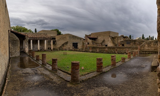 Ercolano, Italy - 25 November, 2023: palace courtyard in the ancient Roman city of Herculaneum