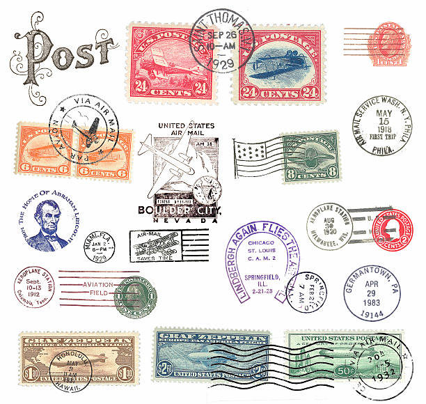 Postage stamps and labels from US Postage stamps and labels from US, mostly vintage showing airmail motifs postmark photos stock pictures, royalty-free photos & images