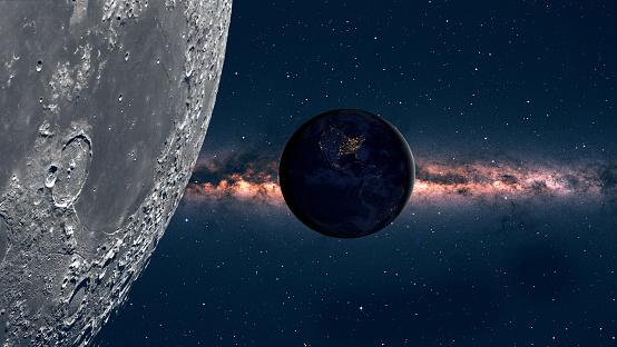 Moon surface with distant Earth and starfield