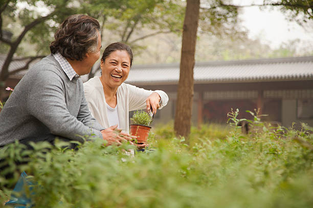 sorridente coppia senior in giardino - gardening couple senior adult ethnic foto e immagini stock