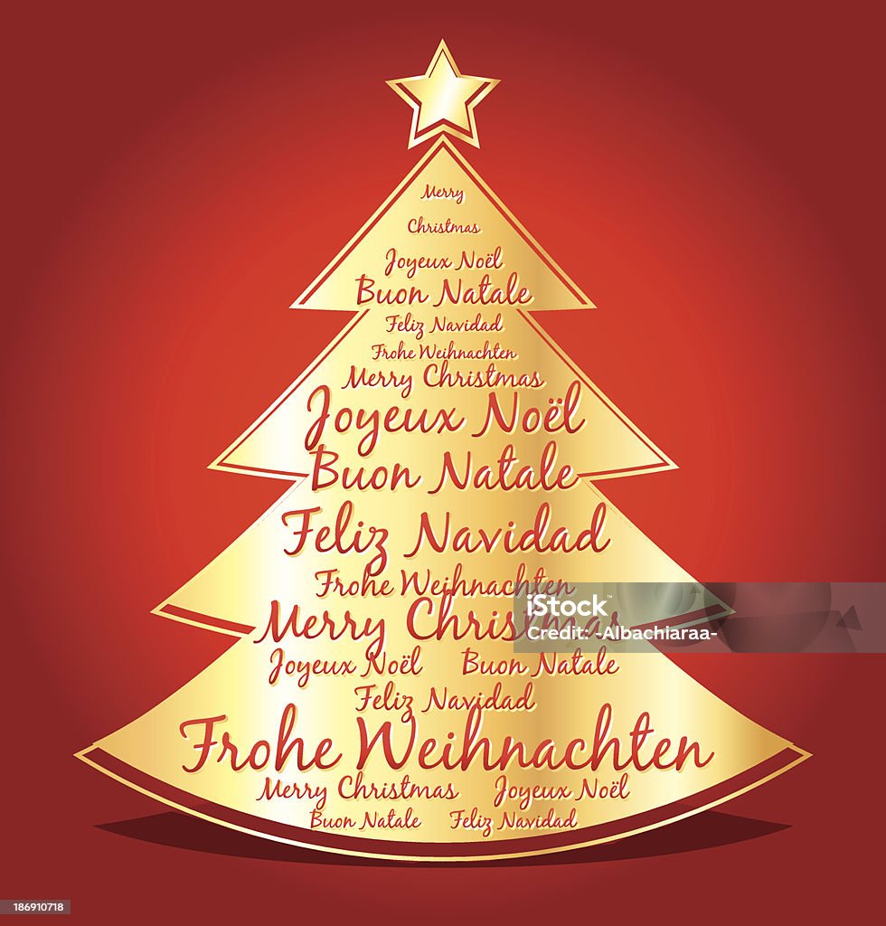 Buon Natale in diverse lingue.  Grafica golden tree. - arte vettoriale royalty-free di Dorato - Colore descrittivo