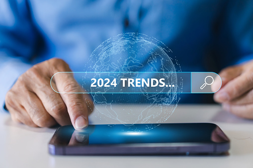 Human searching keyword of 2024 trends planning in new year, business trends, fashion trends, start up, marketing, planning, technology update, year 2024, SEO, digital marketing online