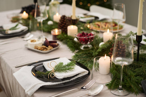 istock Plate Garnished with Fir Branch on Festive Table 1869131188