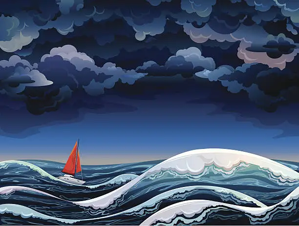 Vector illustration of Red sailboat and stormy sky