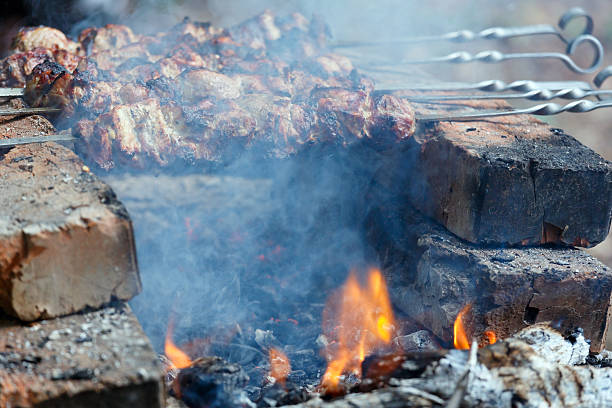 Meat on skewers over a flaming campfire.