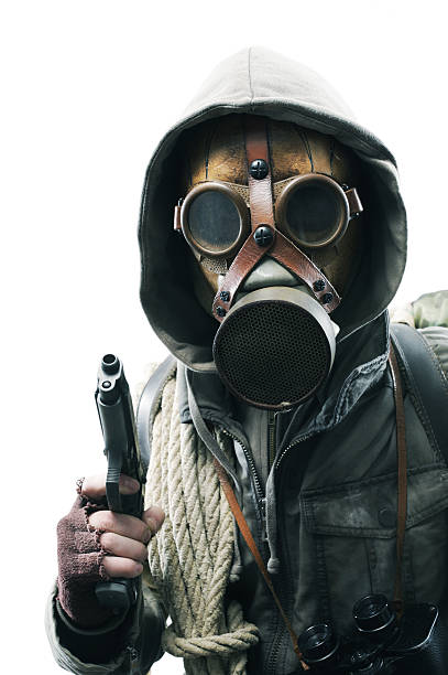 istock Post apocalyptic survivor in gas mask 186918529