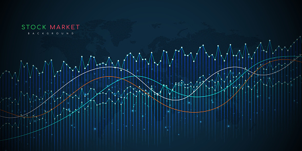 Stock market graph chart and moving average on dark blue background. Vector illustration.