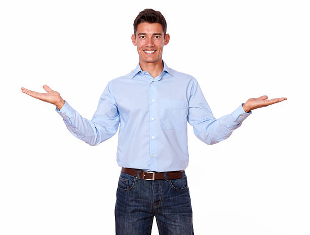 istock Young man smiling, standing stylish with palms out 186920571