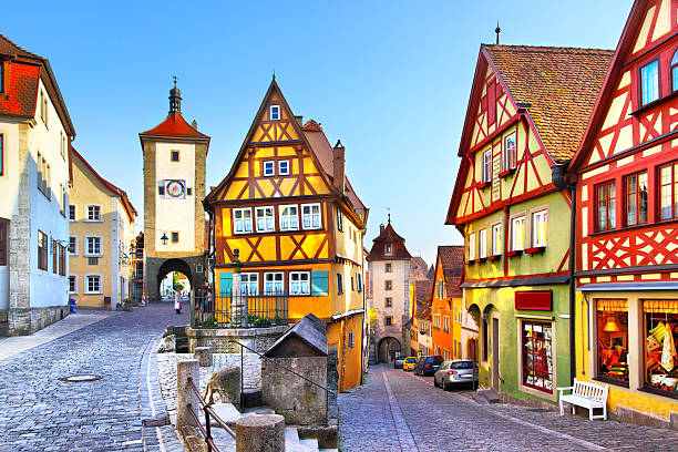 Colorful houses on Rothenburg ob der Tauber The most famous street in Rothenburg ob der Tauber, Bavaria, Germany franconia stock pictures, royalty-free photos & images