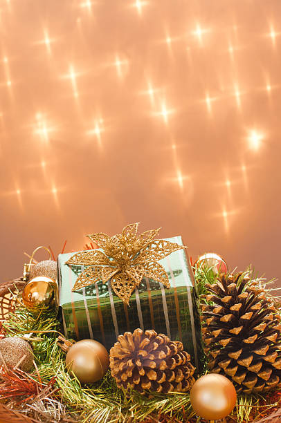 Christmas background with gift and decorations. stock photo