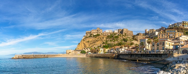 Pizzo, Italy - 13 December, 2023: panorama view of the old town and harbor of Pizzo Calabro on the Gulf of Euphemia in Calabria