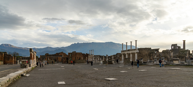 Pompei, Italy - 25 November, 2023: panorama view of the Foro or Forum Square in the heart of the ancient city of Pompeii