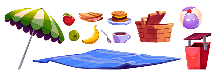 Food and equipment for picnic in park and open-air holidays. Cartoon vector illustration of fast meals ready to eat - sandwiches and fruits, wicker basket and inflatable ball, beach umbrella and rug.