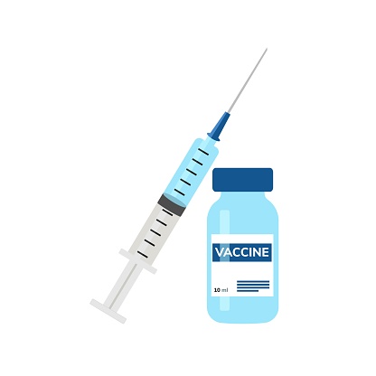 Medical disposable syringe with a needle and a vial of vaccine.Time to vaccinate.Isolated vector illustration Vaccination