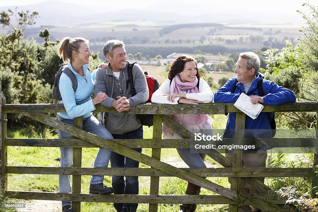 Gruppo di amici a piedi sul paese - Foto stock royalty-free di Camminare