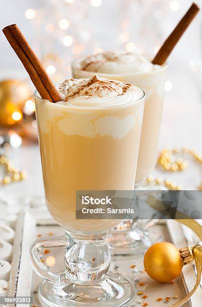 Glasses Of Egg Nog With Cinnamon Sticks Stock Photo - Download Image Now - Alcohol - Drink, Celebration, Christmas