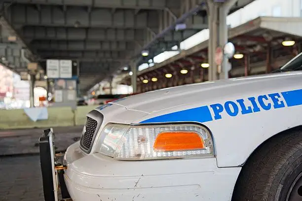 Close-up of a New York Police car patrolling the town