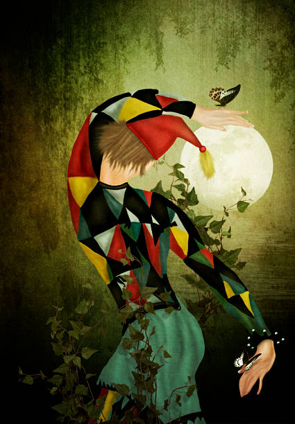 Arlequin fictitious character, drawing, mouse,clown, Harlequin on the background of the Moon fool moon stock pictures, royalty-free photos & images