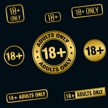 Set of 18+ golden sign badge, collection of adults only golden banners badges