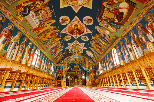 Moldovita, Bukovina, Romania - August 21, 2021: Paintings of the monastery of Humor in Romania