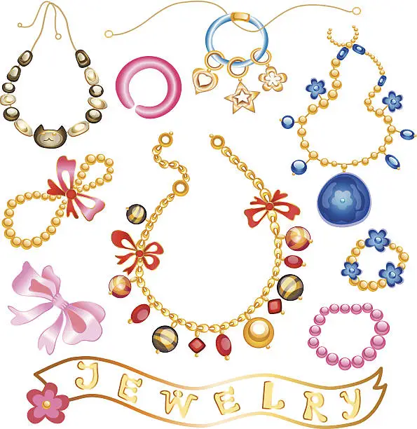 Vector illustration of collection of gold jewelery with precious stones (vector illustration)