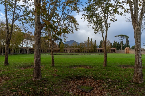 Pompei, Italy - 25 November, 2023: view of the courtyard of the Palestra Grande palace in the ancient city of Pompeii