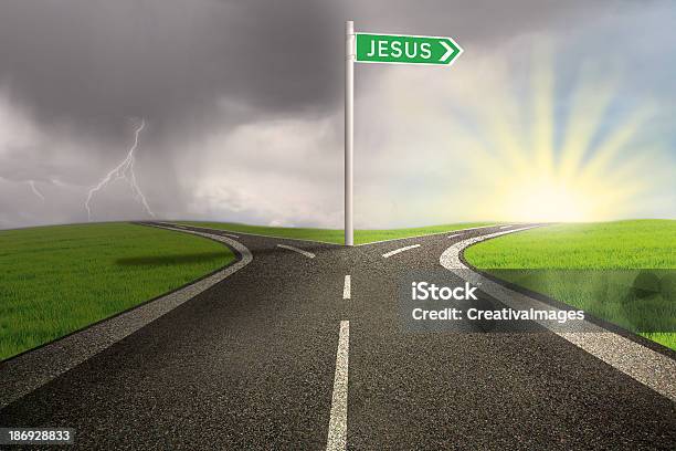 Two Roads With One Leading To Jesus Stock Photo - Download Image Now - Jesus Christ, Road Sign, Road