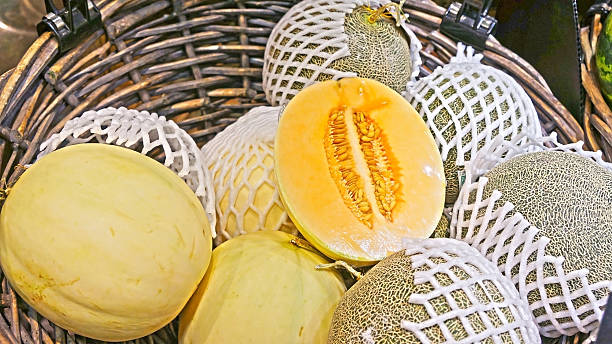 melón cantalupo melons en cesta del mercado - watermelon market portion basket fotografías e imágenes de stock